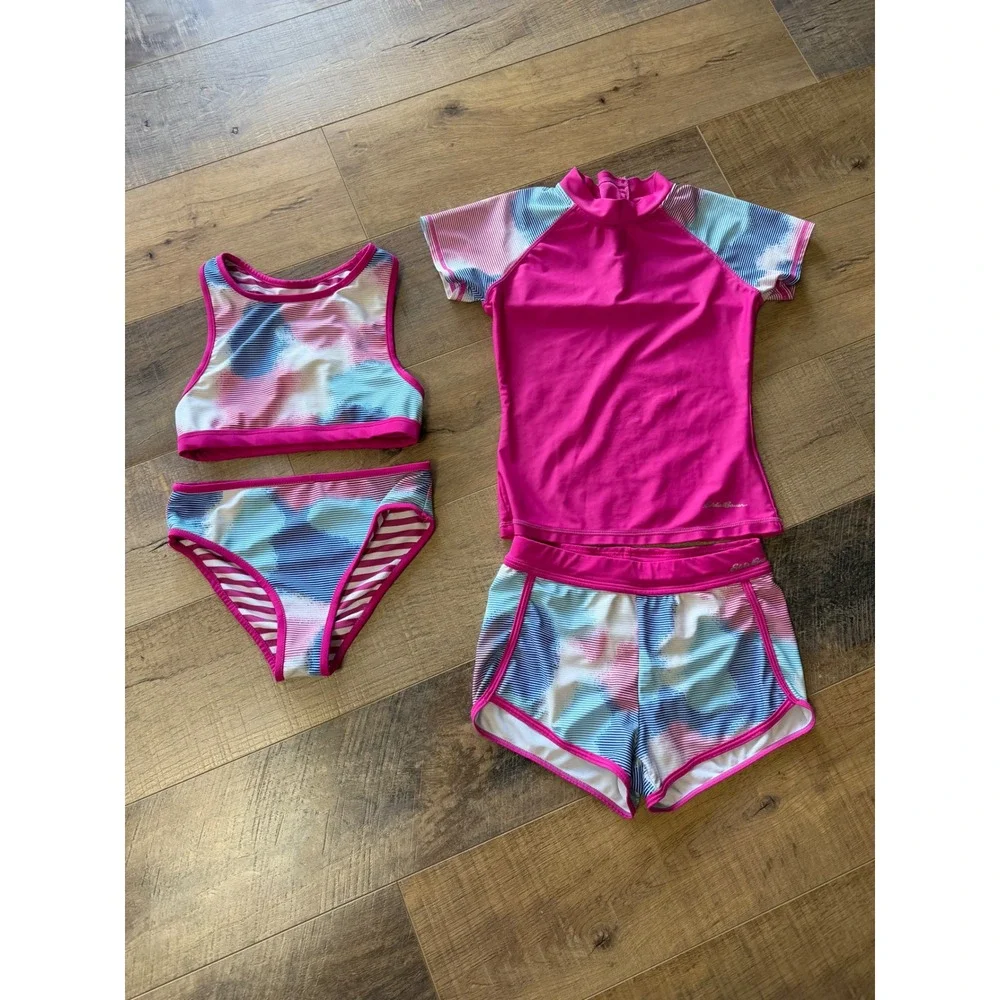 Eddie Bauer Girls 4-Piece Swimsuit Set Rash Guard Bikini Shorts Size 7/8
